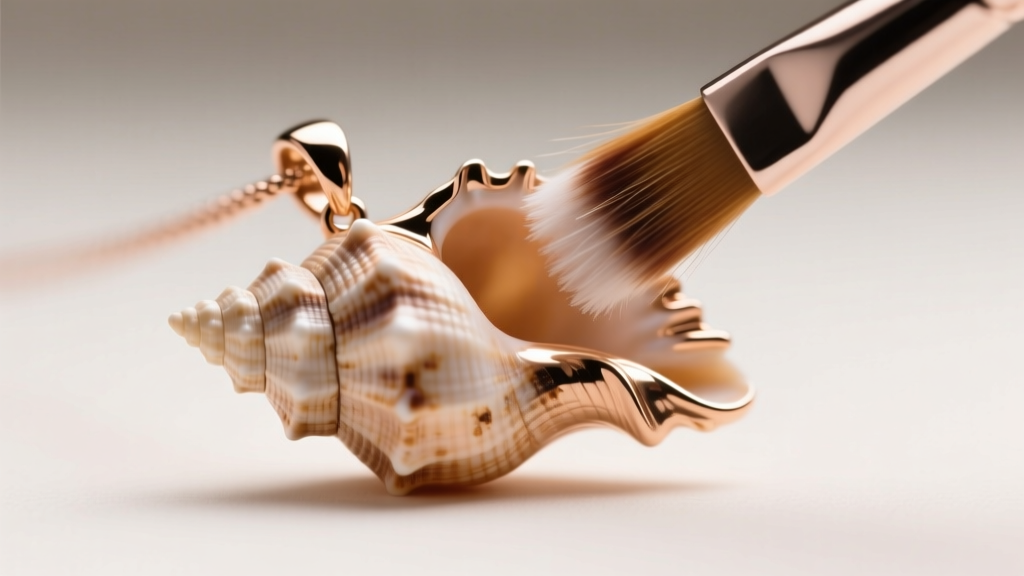Close-up of a 14k rose gold seashell pendant showing oxidation in crevices, cleaned gently with a soft-bristled jewelry brush