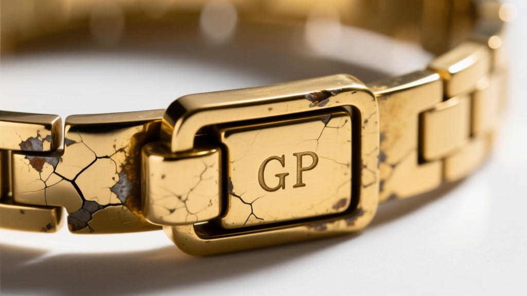 Extreme close-up of a worn gold-plated bracelet clasp revealing a faded GP stamp and underlying brass base metal showing through.
