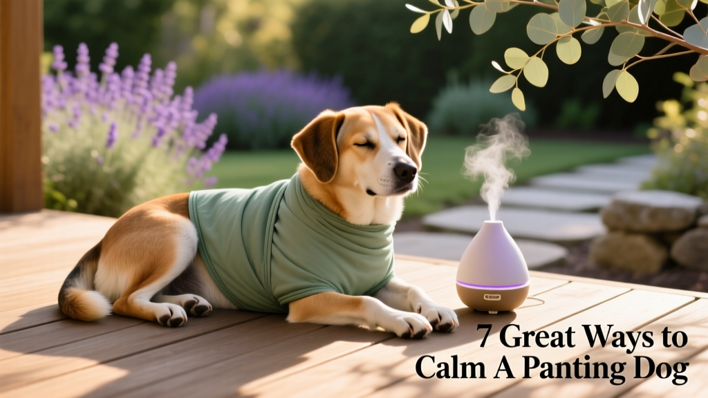 A dog wearing a snug, breathable anxiety wrap while resting peacefully beside a lavender-scented pet-safe diffuser