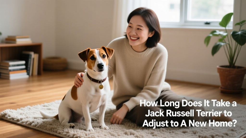 Happy Jack Russell Terrier sitting calmly beside their owner on a cozy rug, both smiling