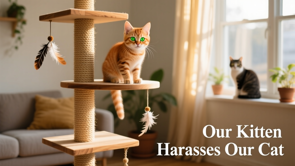 A kitten perched confidently atop a tall, multi-level cat tree with platforms and dangling toys