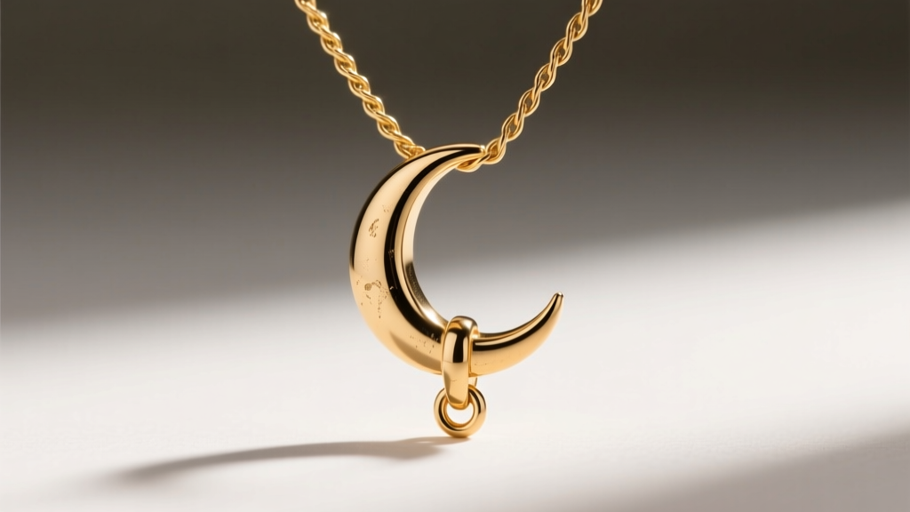 Macro view of a crescent moon pendant bail on a 14k gold cable chain, highlighting the friction point and small lobster clasp.