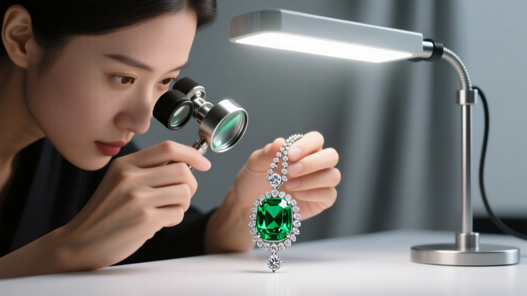 Jeweler examining an emerald and diamond pendant necklace under a bright LED bench lamp using a 10x triplet gemological loupe.