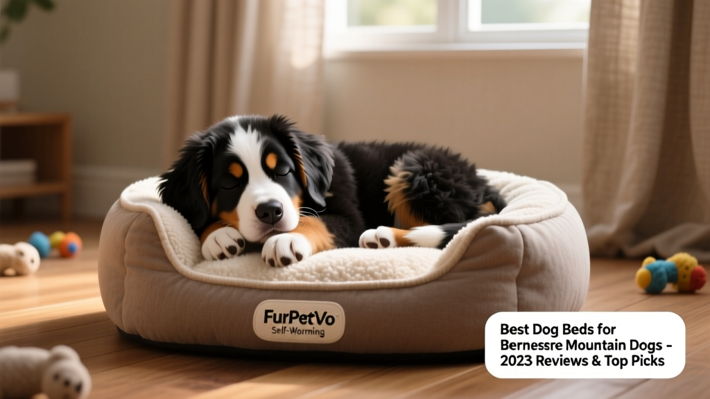 Young Bernese Mountain Dog puppy nestled into the bolsters of the FurPetVo Self-Warming Bed, looking content and warm