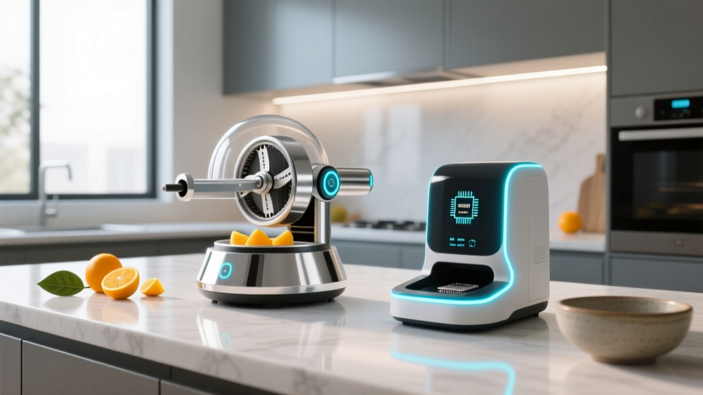 A sleek modern kitchen counter featuring a robotic fruit-peeling gadget next to a high-tech microchip-activated smart pet feeder glowing with LED indicators.