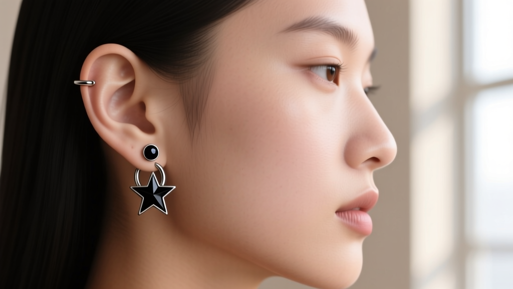 Side profile showing a 16-gauge black star huggie on the upper helix cartilage, paired with a small black onyx lobe stud earring