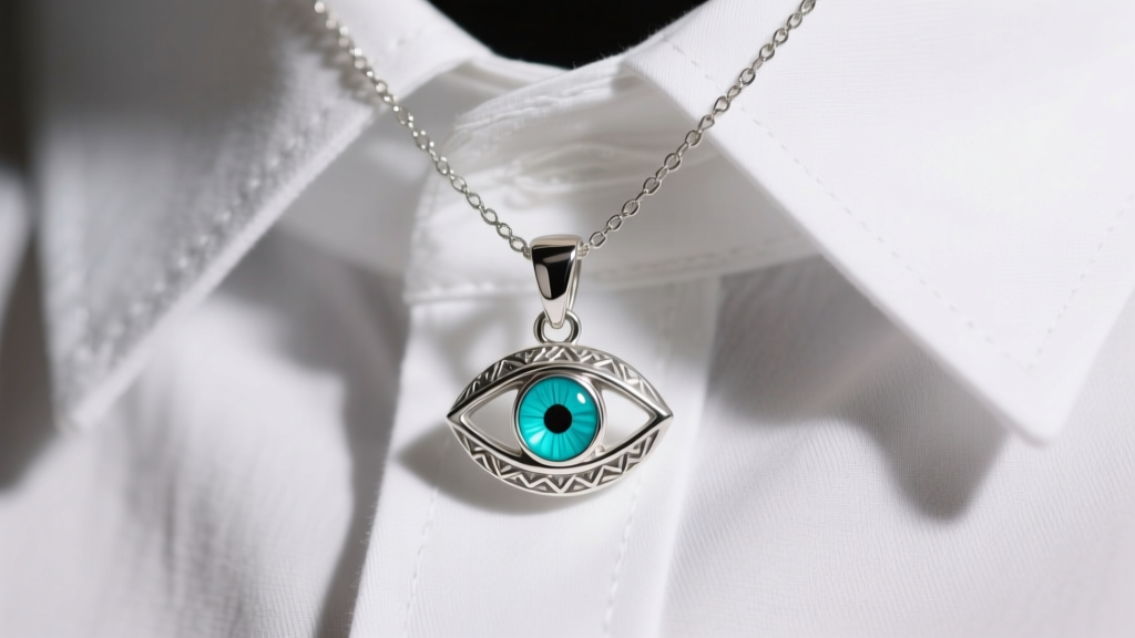 Close-up of a delicate sterling silver evil eye pendant with a turquoise stone center, worn over a crisp white collared shirt