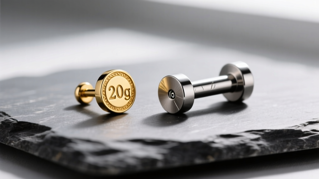 Macro photo of a 20g gold stud and 16g titanium barbell on slate, showing exact metal thickness and material textures.