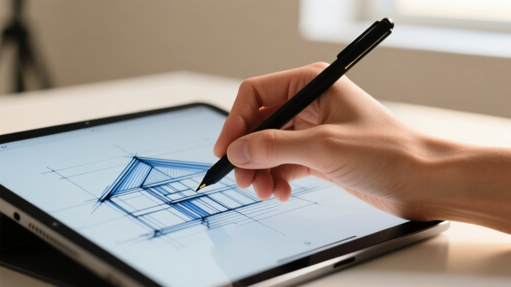 Close-up of a hand using a stylus to sketch intricate architectural lines on a tablet screen with zero perceptible lag.