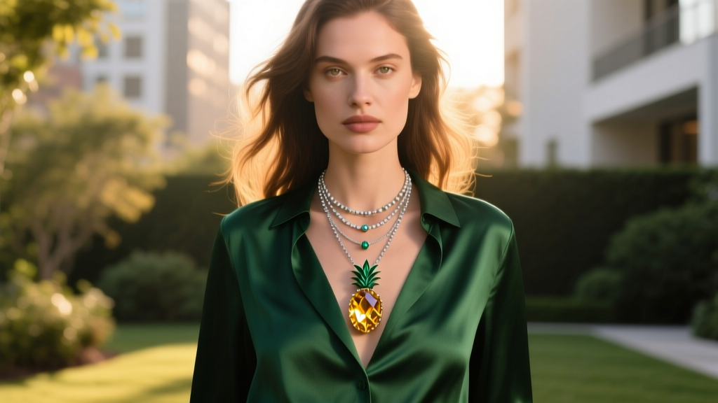 Woman wearing layered necklaces featuring a pineapple quartz pendant over a dark green silk blouse in soft, warm morning sunlight.