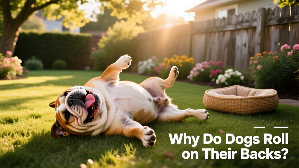 A happy bulldog rolling on its back in a sunlit backyard