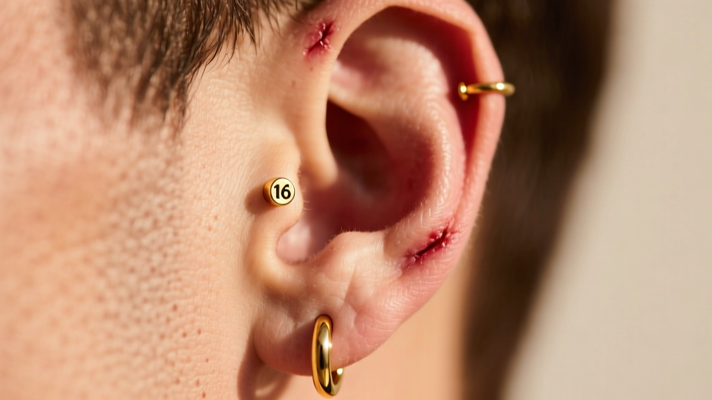 Male ear lobe close-up showing a 16-gauge gold hoop and a healing second piercing, bright lighting highlighting the skin texture