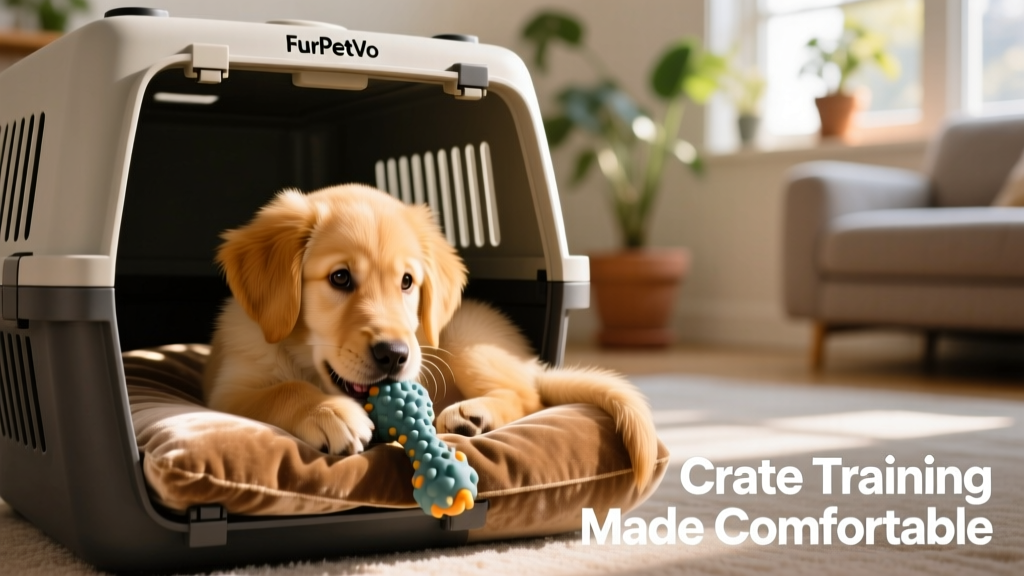 A relaxed puppy lying on a cushion inside a FurPetVo crate, chewing a toy while sunlight filters in