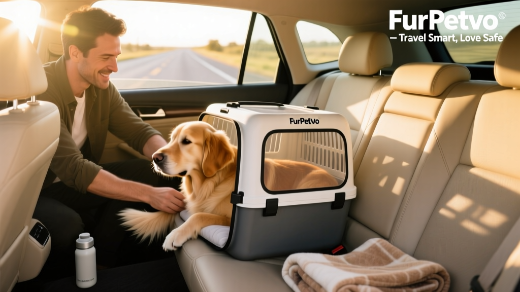 A person securing a dog in a FurPetVo travel crate in the back seat of a car