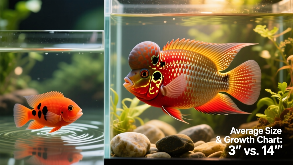 Side-by-side comparison of a juvenile Flowerhorn (3 inches) and an adult male (14 inches) in well-maintained aquariums