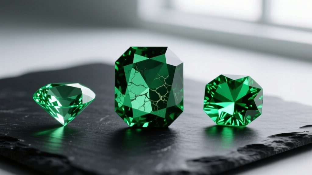 Macro shot of three green gems on dark slate: an included natural emerald, a flawless lab emerald, and a vivid tsavorite garnet