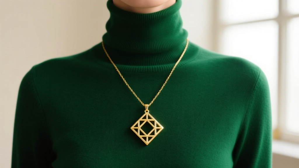 A 22k gold pendant necklace on an emerald turtleneck, emphasizing the striking color contrast and modern minimalist styling.