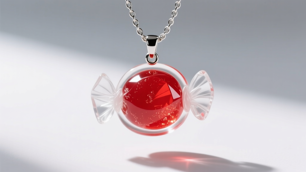 Close-up of a glossy resin pendant encapsulating a red hard candy, hanging from a delicate stainless steel chain in soft light.