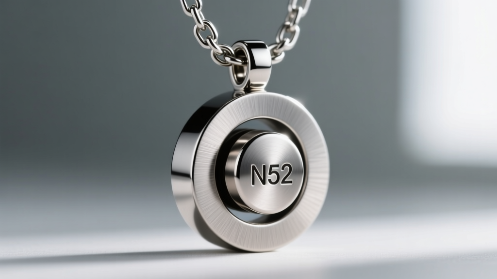 Macro shot of an N52 neodymium magnet embedded inside a brushed steel magnetic necklace clasp with a secure lobster safety chain attached.