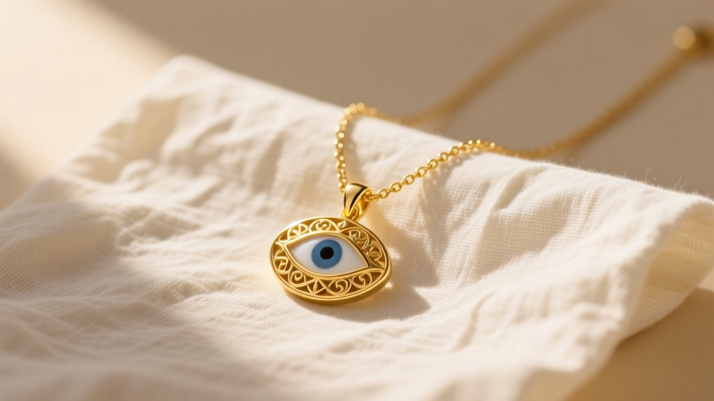 Flat lay of a 14k gold evil eye protection necklace resting on textured linen cloth, bathed in warm natural morning sunlight