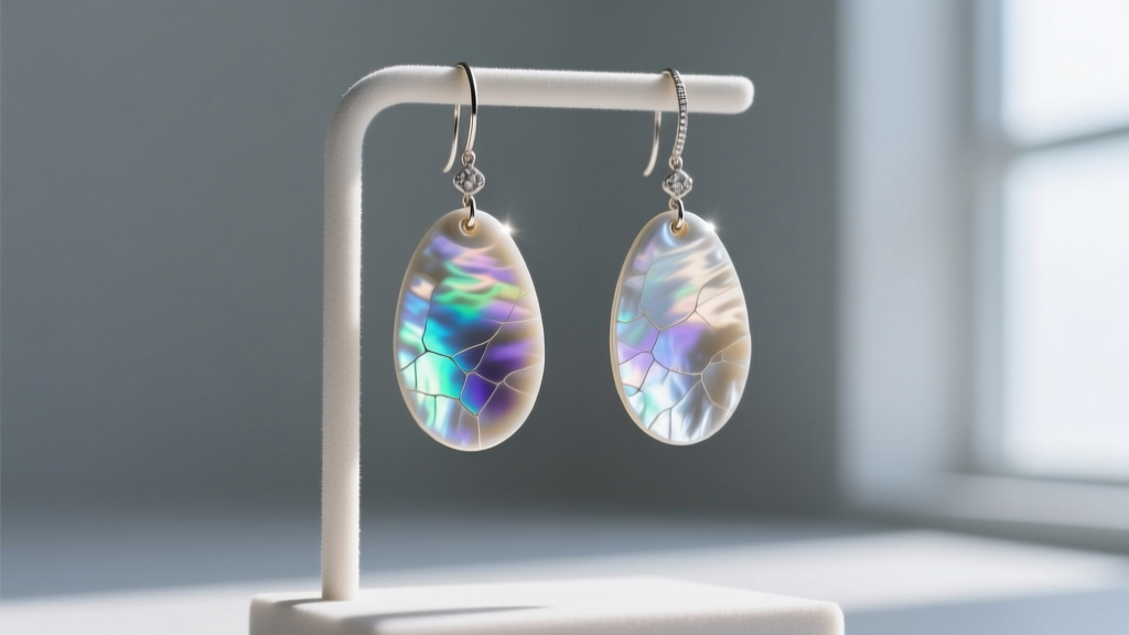 Elegant mother-of-pearl shell dangle earrings hanging from a display, soft sunlight highlighting the iridescent nacre surface.