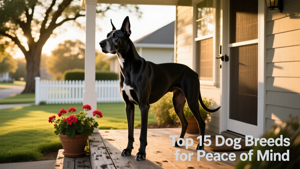 A calm but alert Great Dane standing beside a suburban front porch, head held high and ears perked