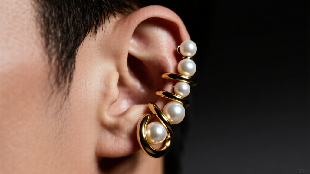 Close-up of a masculine ear with a layered stack of pearl studs and thick gold hoops against a dark moody studio background.