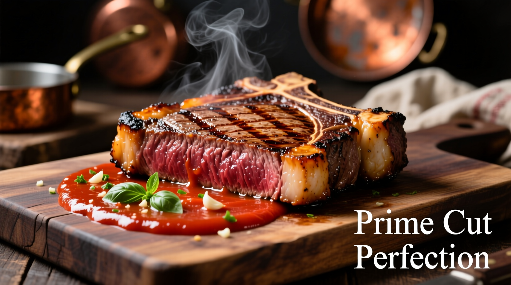Perfectly seared ribeye steak with rich tomato sauce