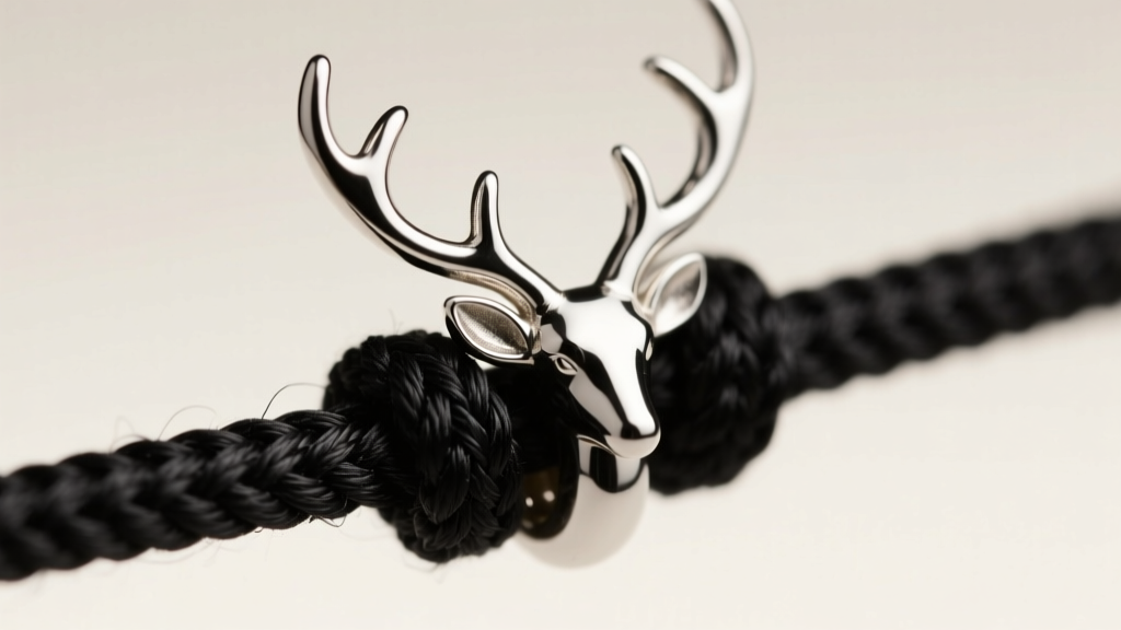 Macro shot of a 2mm black waxed cotton cord threading through a polished sterling silver stag bail, highlighting the knot texture.