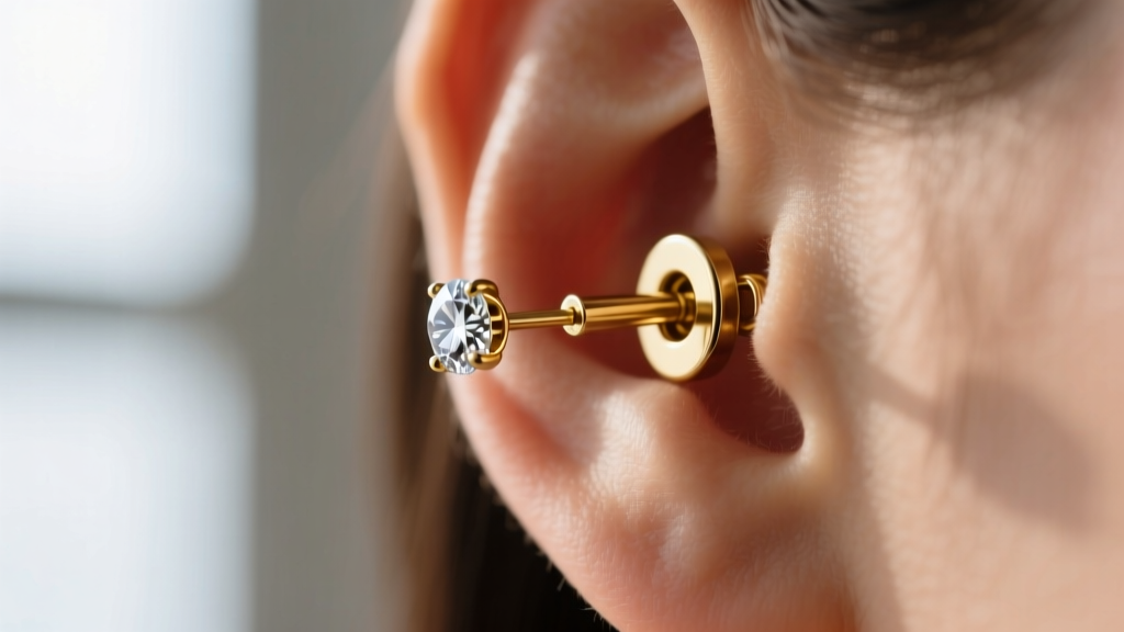 Macro shot of a La Pousette earring back locking onto an 18-gauge gold post, stopping a diamond stud from drooping on the earlobe