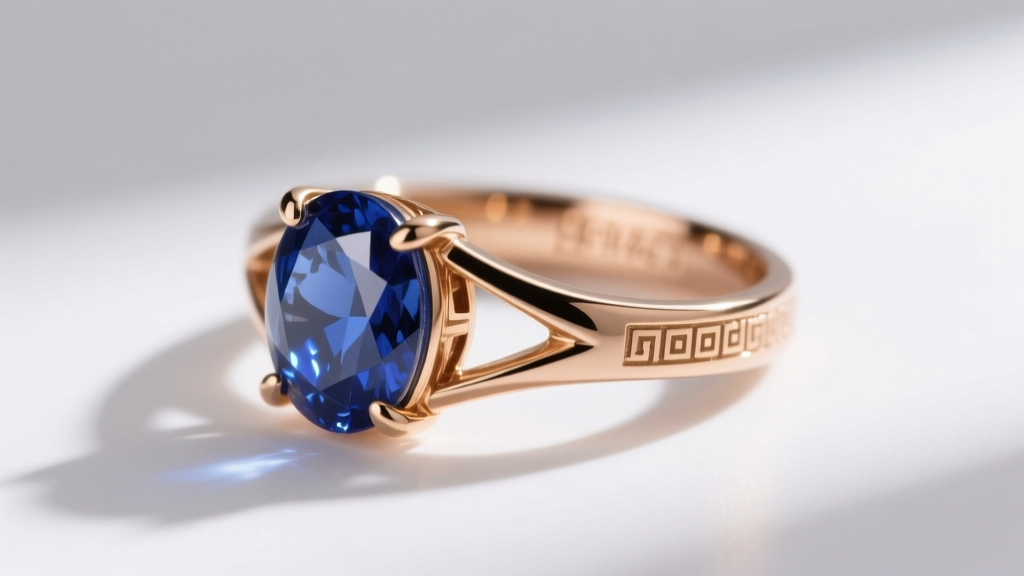 Side profile of 14k rose gold Greek eye ring with sapphire cabochon, showing prong setting and stamped hallmark on the band
