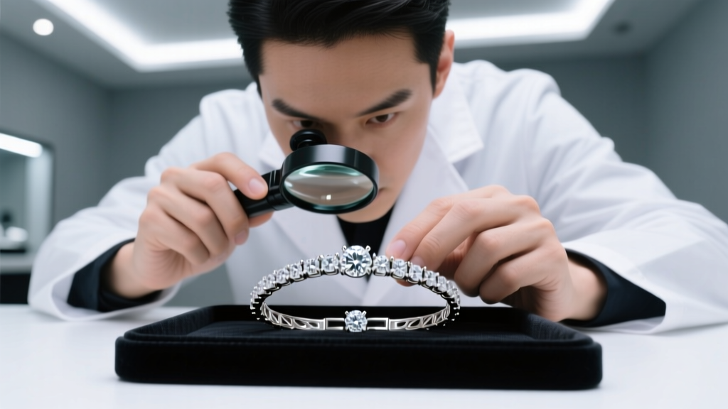 Jeweler using a 10x loupe to inspect platinum prongs of a rented diamond tennis bracelet under bright daylight LED lighting.