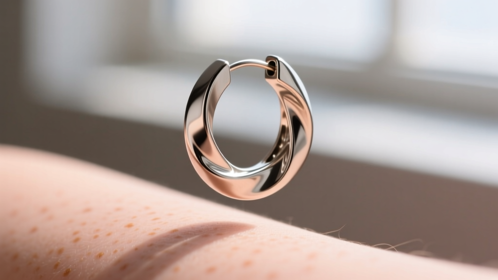 Side view of a 16-gauge titanium continuous hoop earring being gently twisted open at the joint against softly blurred skin.