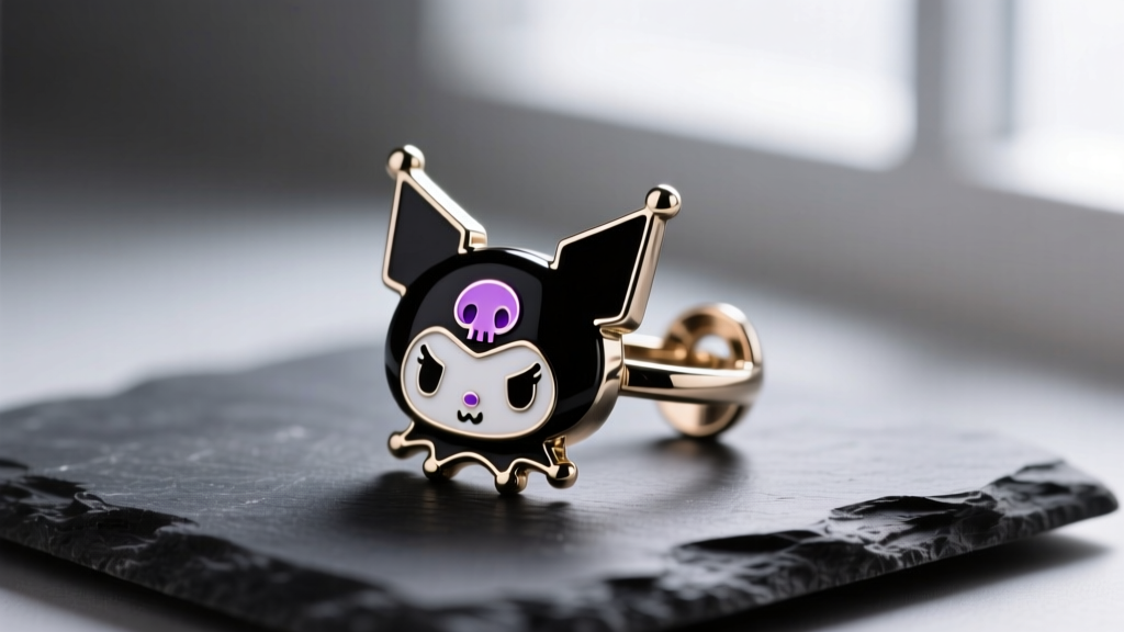 Macro shot of a Kuromi cartilage cuff earring in black rhodium brass with purple enamel details, resting on a dark slate surface.