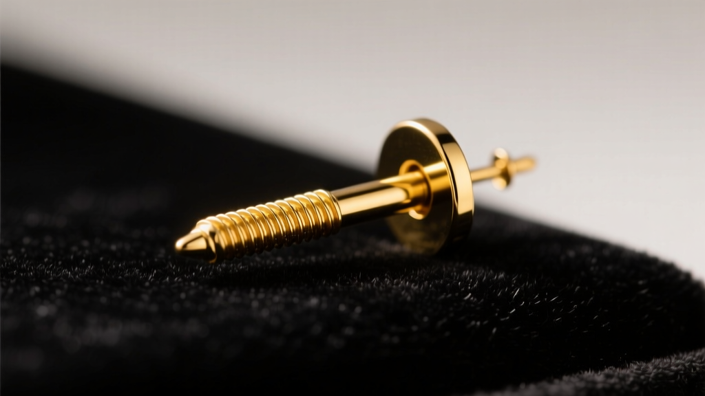 Close-up of a polished 14k yellow gold earring post with screw-back threading on dark velvet under soft studio lighting.