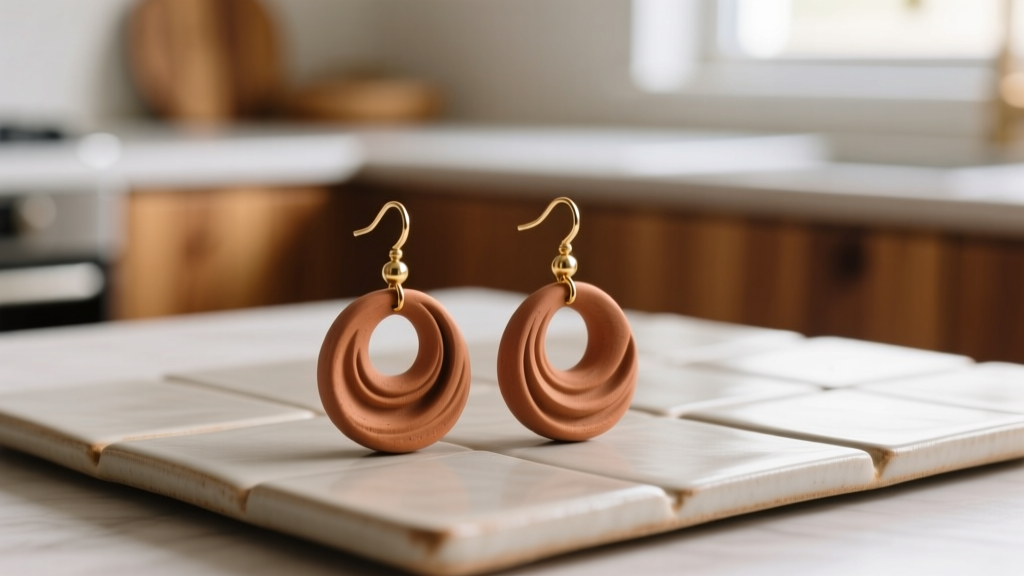 Close-up of baked terracotta polymer clay earrings with brass posts, resting on a ceramic tile baking surface in warm light