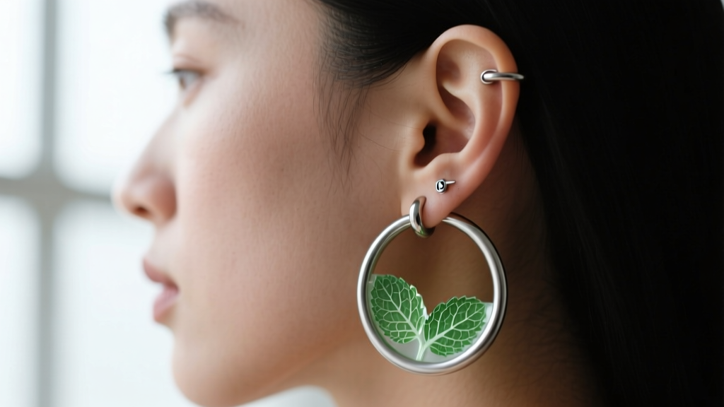 Side profile of a 16-gauge titanium cartilage hoop with botanical peppermint resin inlay, worn on a healed upper helix piercing.