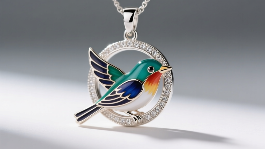 Macro photography of a character bird pendant showing the bezel setting where the vitreous enamel meets the sterling silver border.