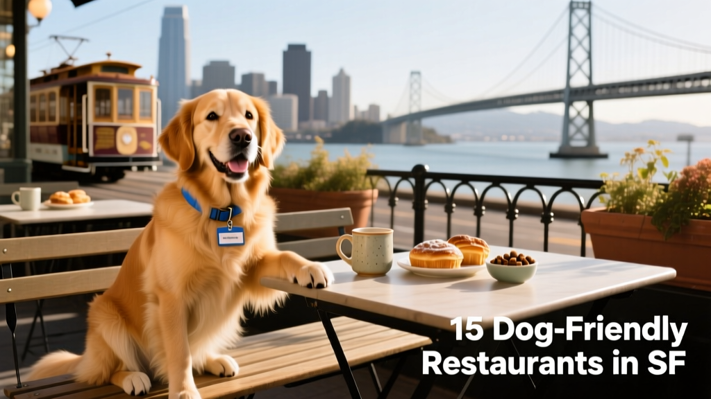 A cheerful golden retriever sitting beside a sunny outdoor table at a San Francisco restaurant with city skyline in background