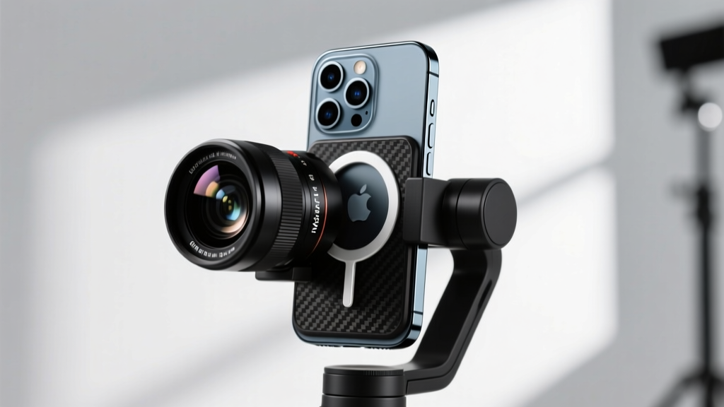 Close-up of an iPhone 16 Pro Max mounted on a carbon fiber gimbal with an external 58mm telephoto lens attached via a MagSafe case