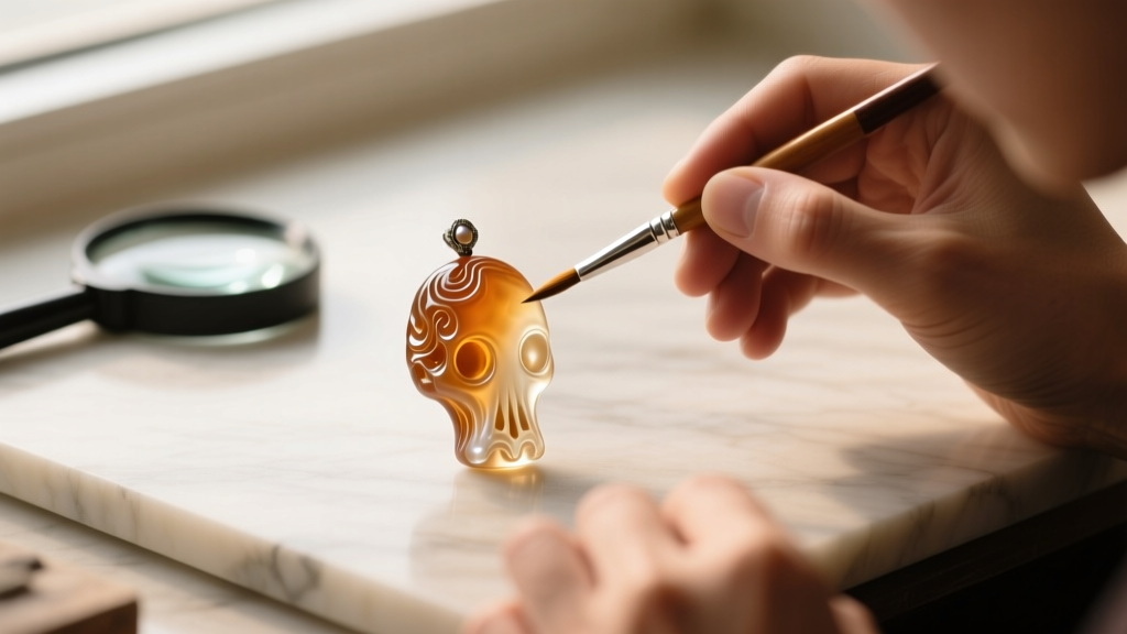 Jeweler applying a micro-layer of Paraloid B-72 conservation sealant to a porous carved resin kneecap pendant with a fine brush.