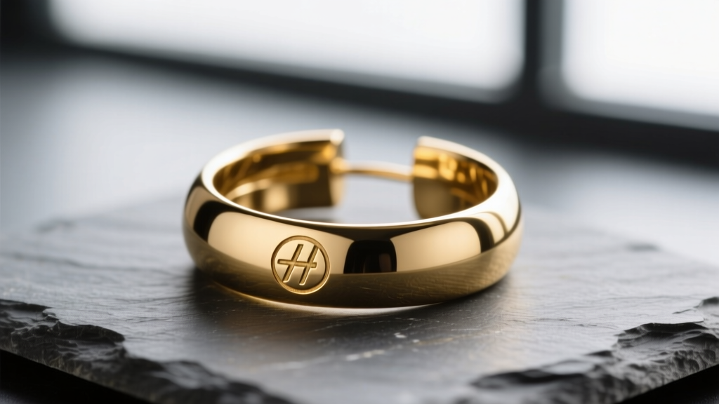 Macro of gold-plated brass hoops on slate, showing polished reflection and a subtle designer logo engraved on the curved metal.