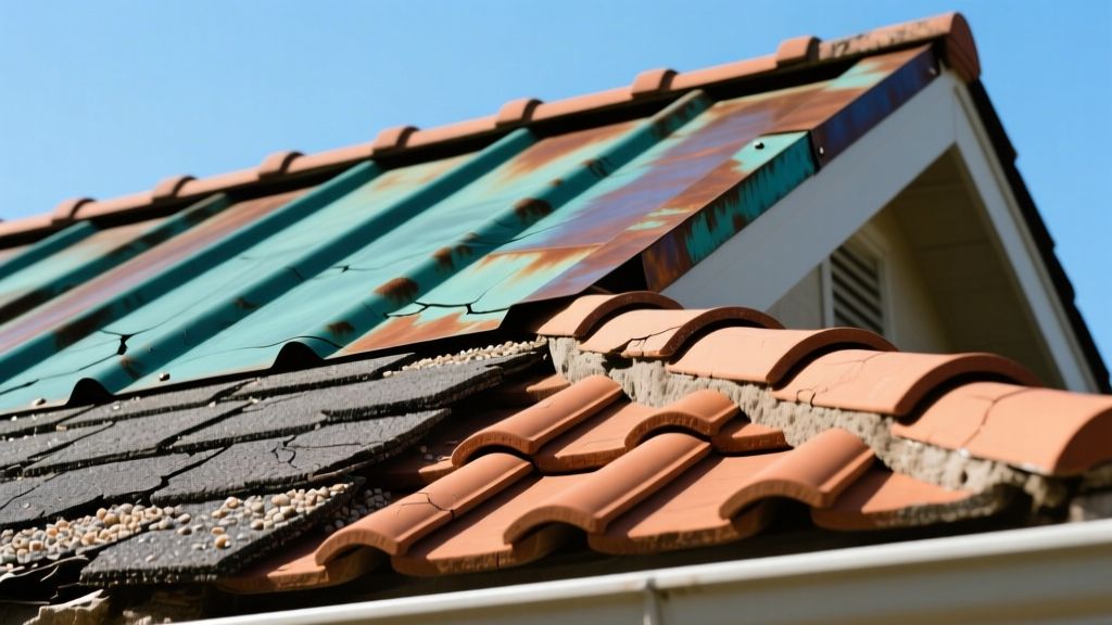 Close-up comparison of weathered asphalt shingles, oxidized copper standing seam metal, and intact terracotta clay tiles on a residential roof under bright sunlight