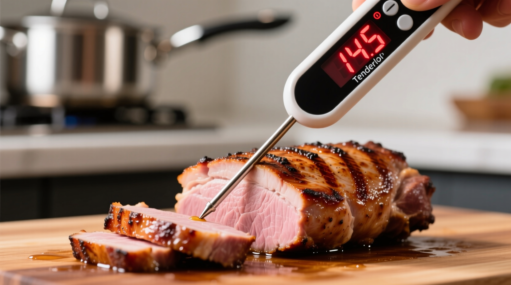 Digital thermometer showing 145 degrees in pork tenderloin
