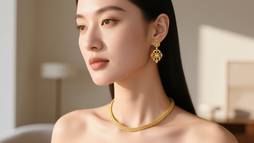 Close-up of a woman wearing a delicate 18k gold women's infinity necklace against a cream silk blouse in soft studio lighting.