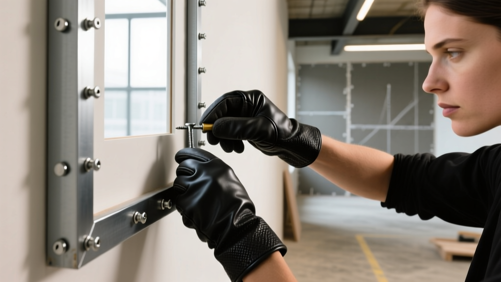 Framer wearing heavy gloves securing 20-gauge galvanized steel studs for framing a commercial interior wall with self-drilling screws