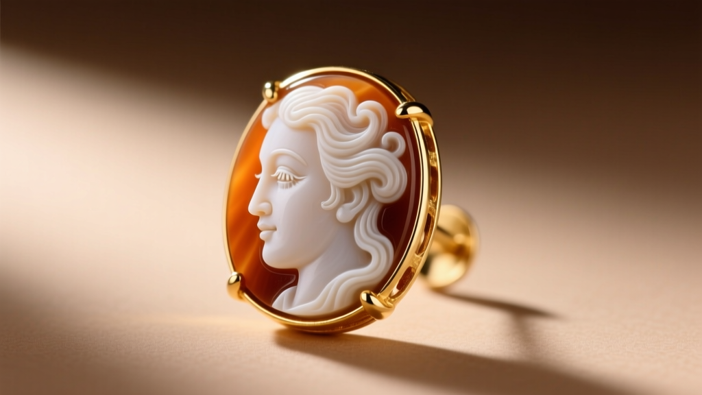 Macro shot of a Victorian sardonyx cameo earring in 15k gold, showing stark white relief against a deep orange-brown background.