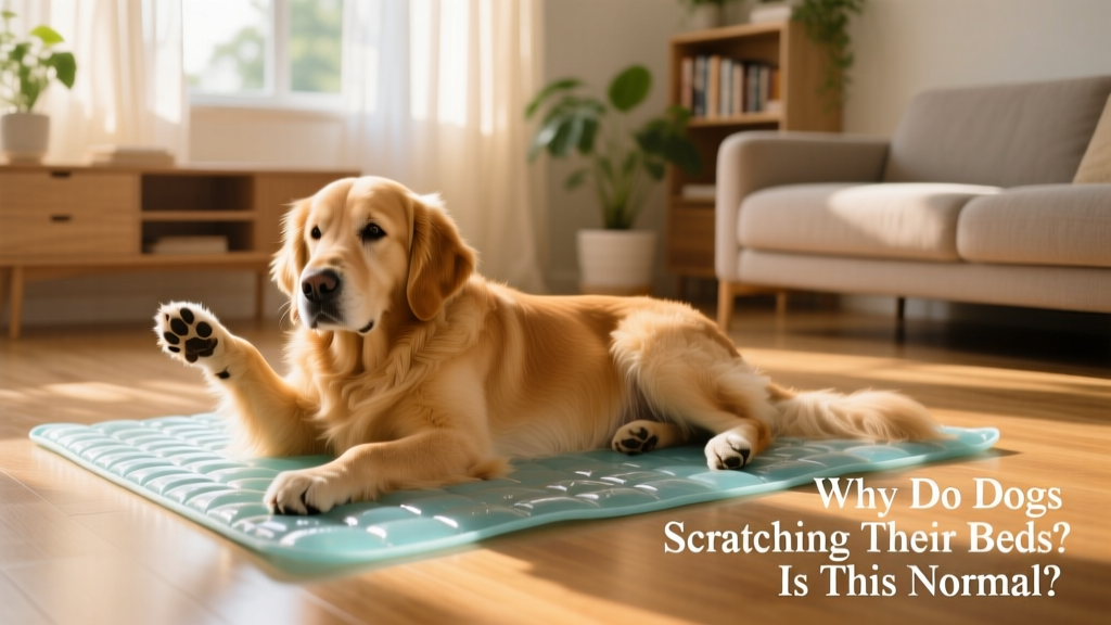 A dog lying on a cooling mat in a sunlit room during summer
