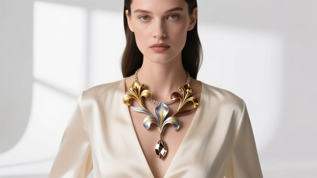 Model wearing a layered iris and lily necklace over a cream silk blouse, highlighting the pendant drop and mixed metal textures.