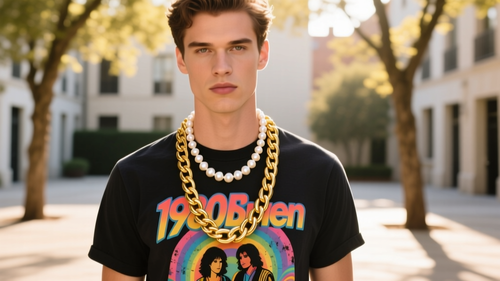 Male model in vintage graphic tee wearing an 18-inch freshwater pearl necklace layered with a thick gold Cuban chain outdoors